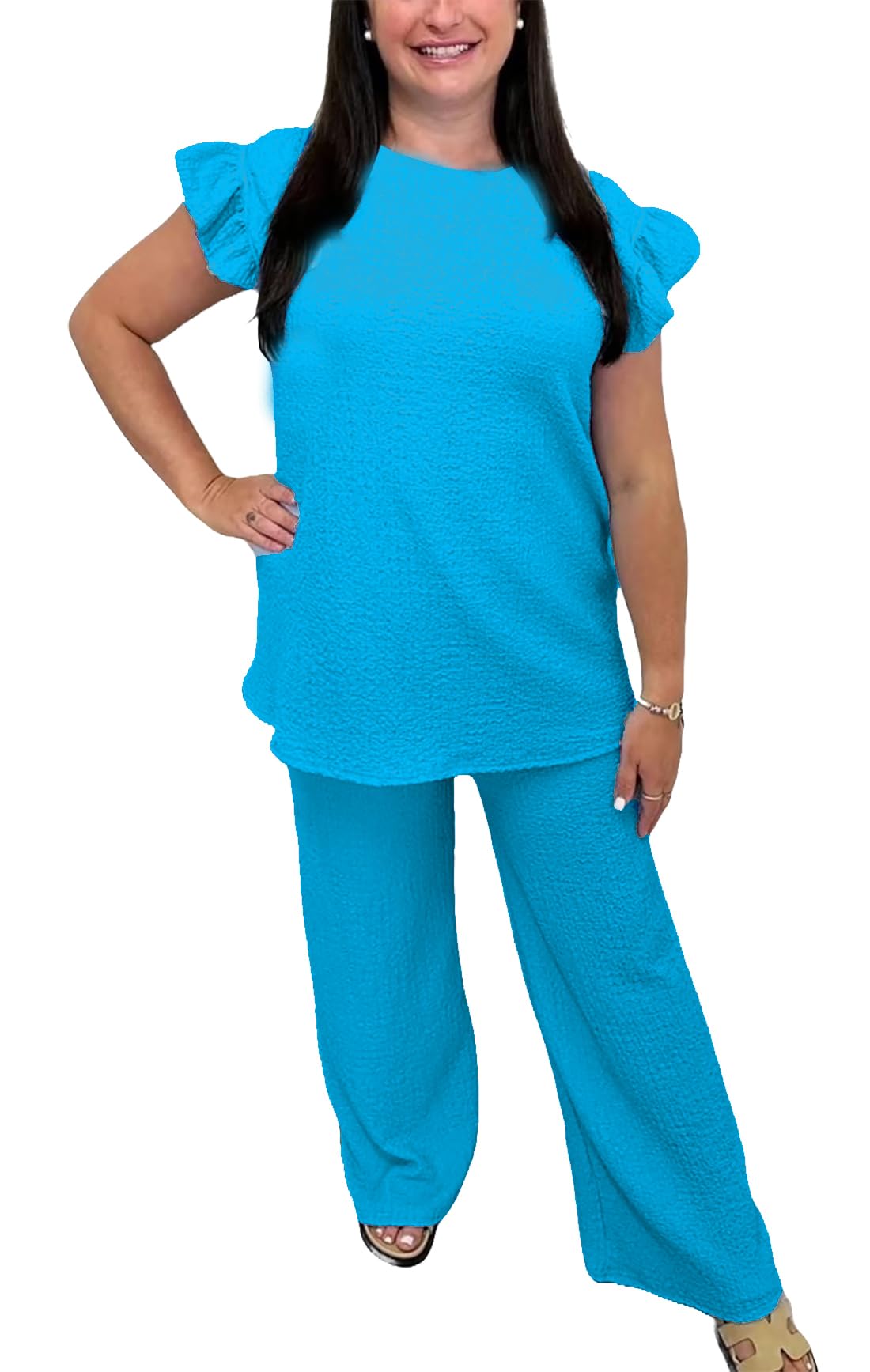 FAIRY BOUTIQUE Womens Pop Corn Tops and Trousers Set Ladies Co ord 2Pcs Loungewear Tracksuit Flared Trousers Bottom and Frill Sleeve Top Set (Turquoise UK 16-18)