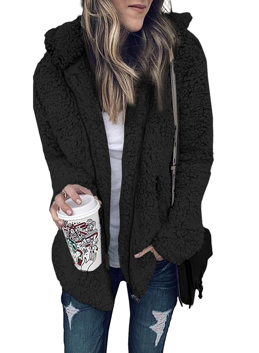 DokotooWomens Long Sleeve Solid Fuzzy Fleece Open Front Hooded Cardigans Jacket Coats Outwear with Pocket