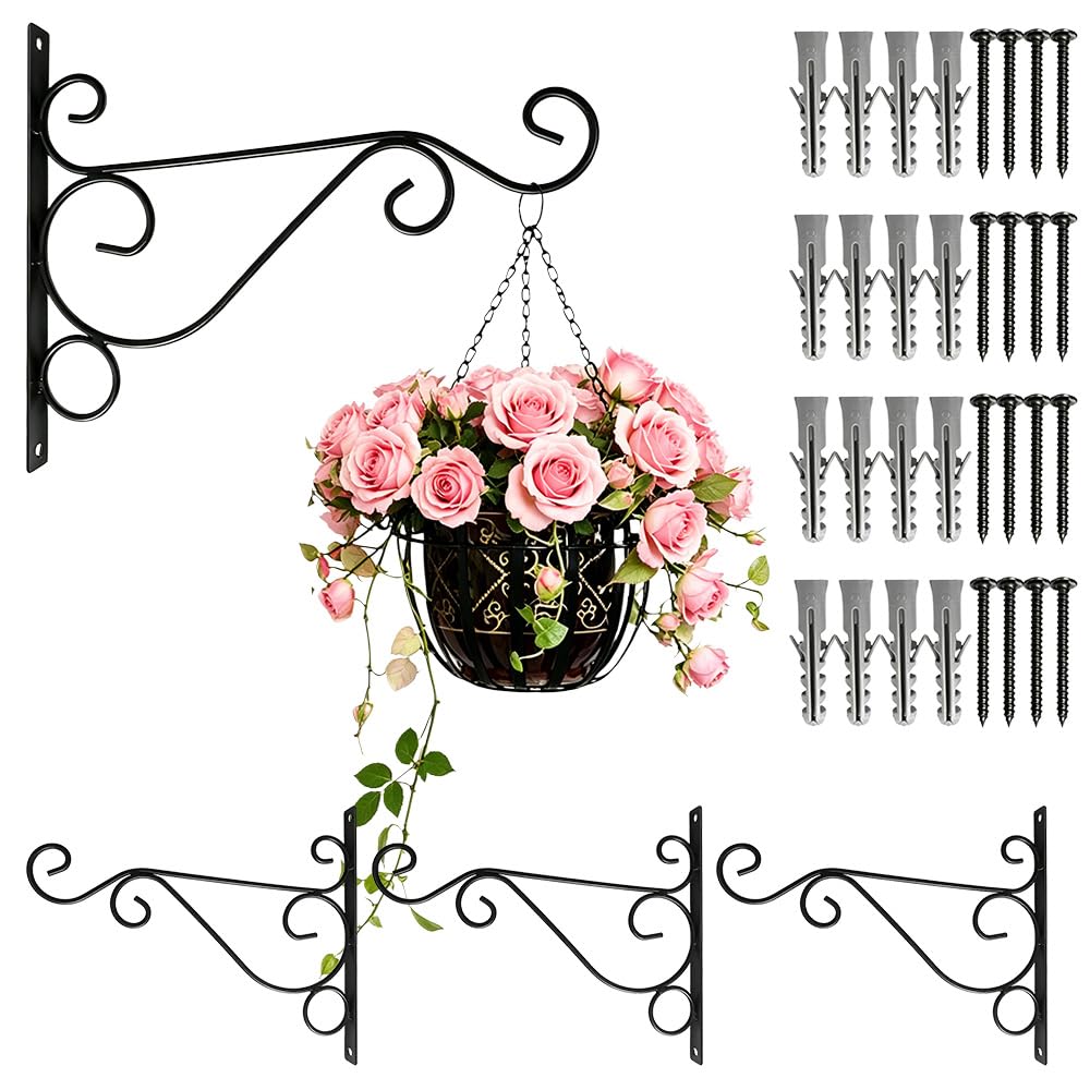 Rppiup 4Pcs Heavy Duty Hanging Basket Brackets Outdoor, 10 Inch Iron Wall Plant Hooks for Hanging Baskets, Bird Feeders, Lanterns, Flower Pots & Wind Chimes, Strong Garden Brackets with Screws, Black