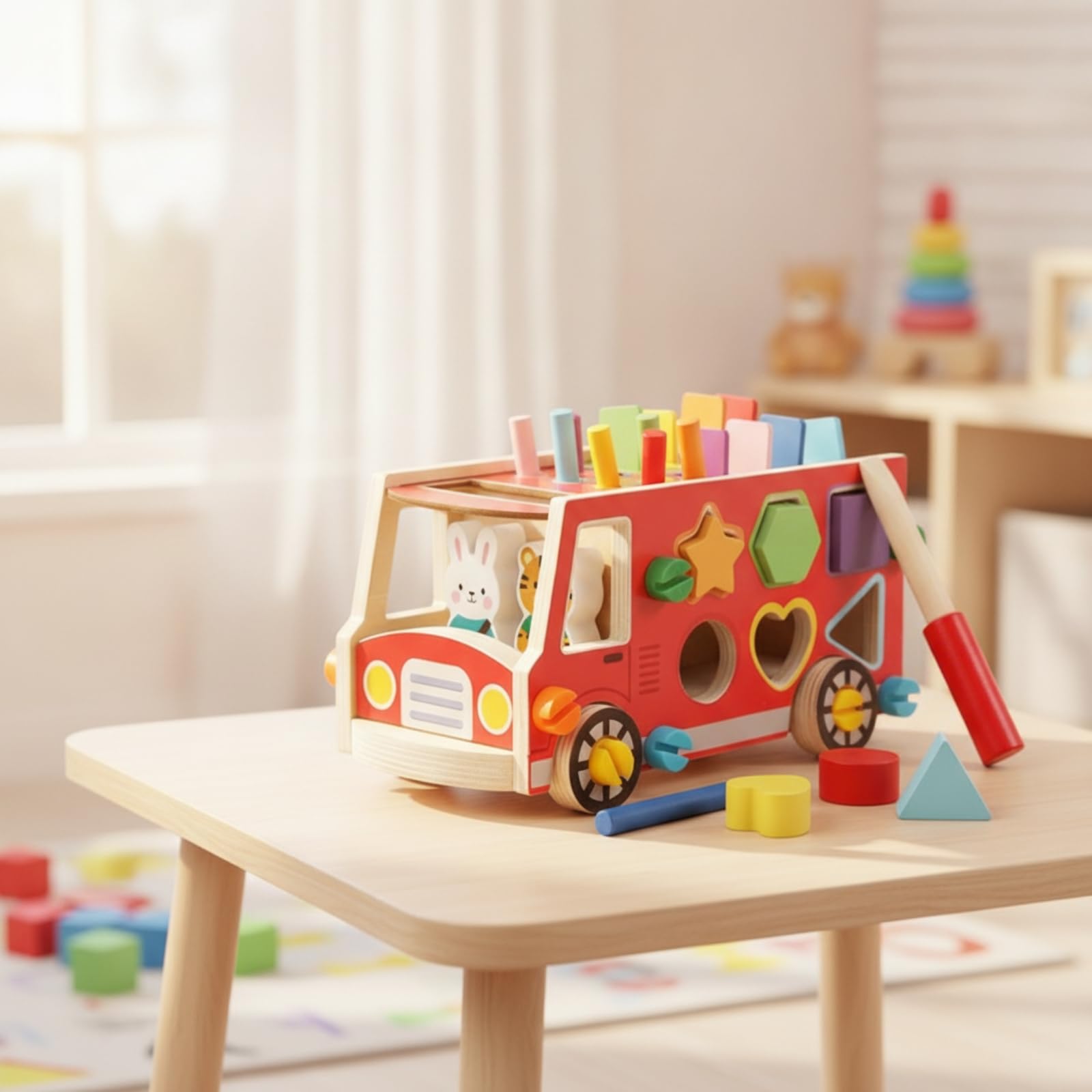 Baoblaze Juguete Educativo Infantil Bus de Madera Clasico Clasificador de Formas Bloques Geometricos Juego de Encastre Set Completo con Cuerpo de Bus y Piezas