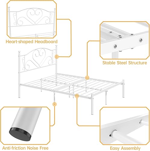 Miniatura 7 de Weehom Base de cama de tamaño matrimonial con cabecero, plataforma de soporte de listones de acero resistente debajo de la cama, espacio de