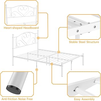 Full Size Bed Frames with Headboard, Heavy Duty Metal Platform for Girls