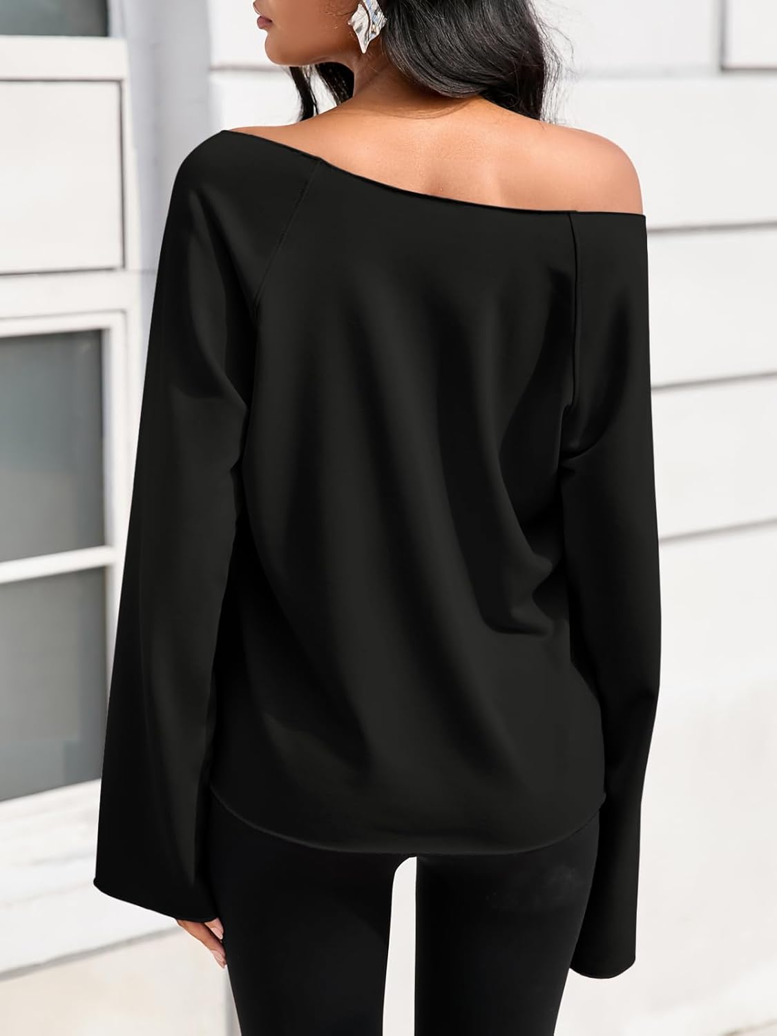 Fisoew Womens Off The Shoulder Tops Sweatshirts Lightweight Oversized Pullovers Long Sleeve Y2k Loose Fit Tunic Tops Black - Image 5