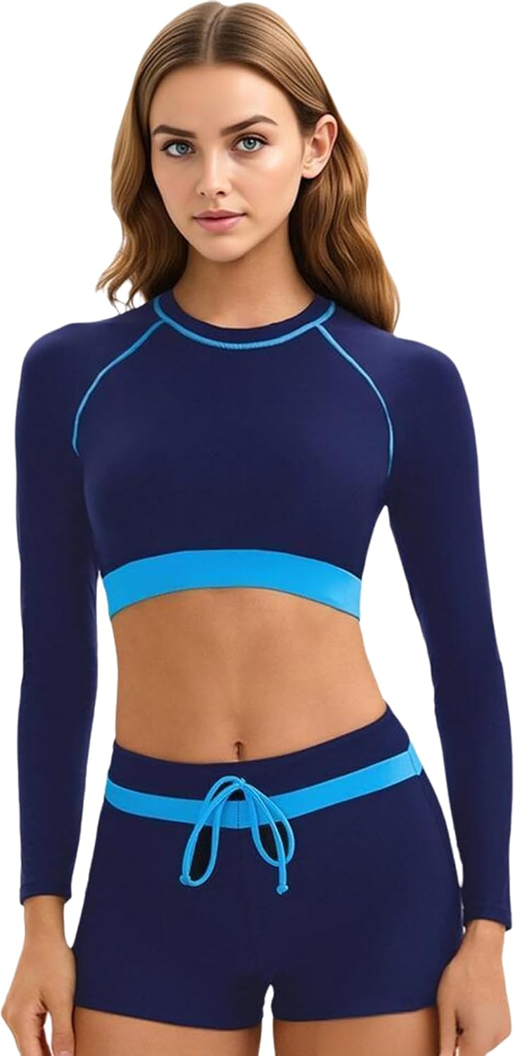 Yartina Women 2 Pcs Tankini Rash Guard Sets UPF 50+ Rash Guard Top Long Sleeve Swim Outfits for Pools