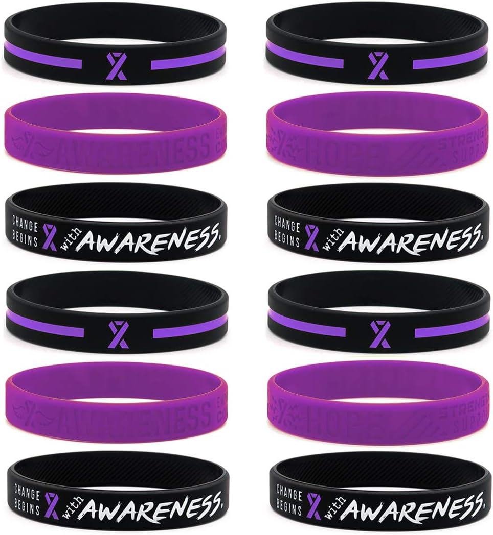 (12Pack) Purple Awareness Ribbon Bracelets, Variety Pack Wholesale