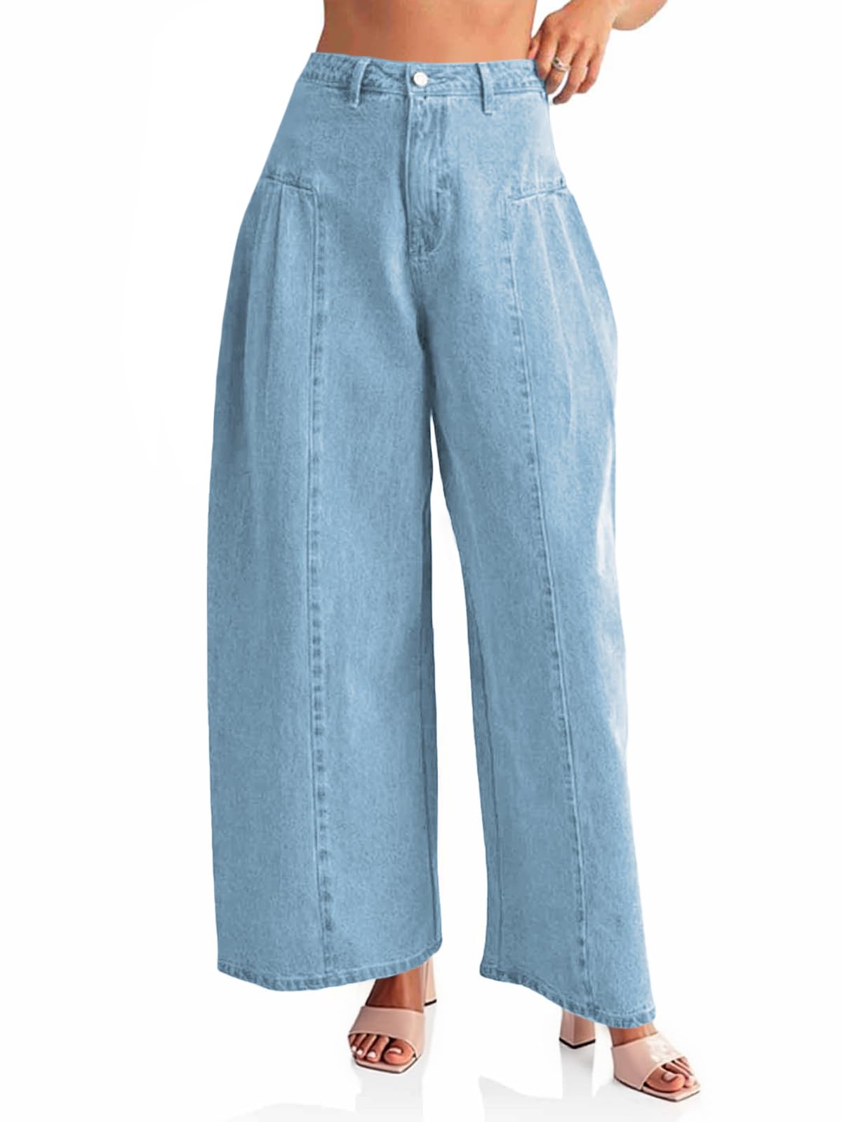 PLNOTME Womens Baggy High Waisted Jeans Loose Boyfriend Wide Leg Side Pleated Denim Pants