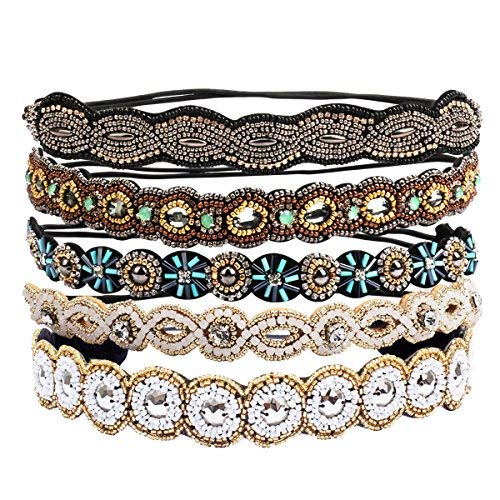 5 Pieces Fashion Headbands Rhinestone Beaded Headband Handmade Elastic Hedbands Hair Bands Hair Accessories for Lady Woman