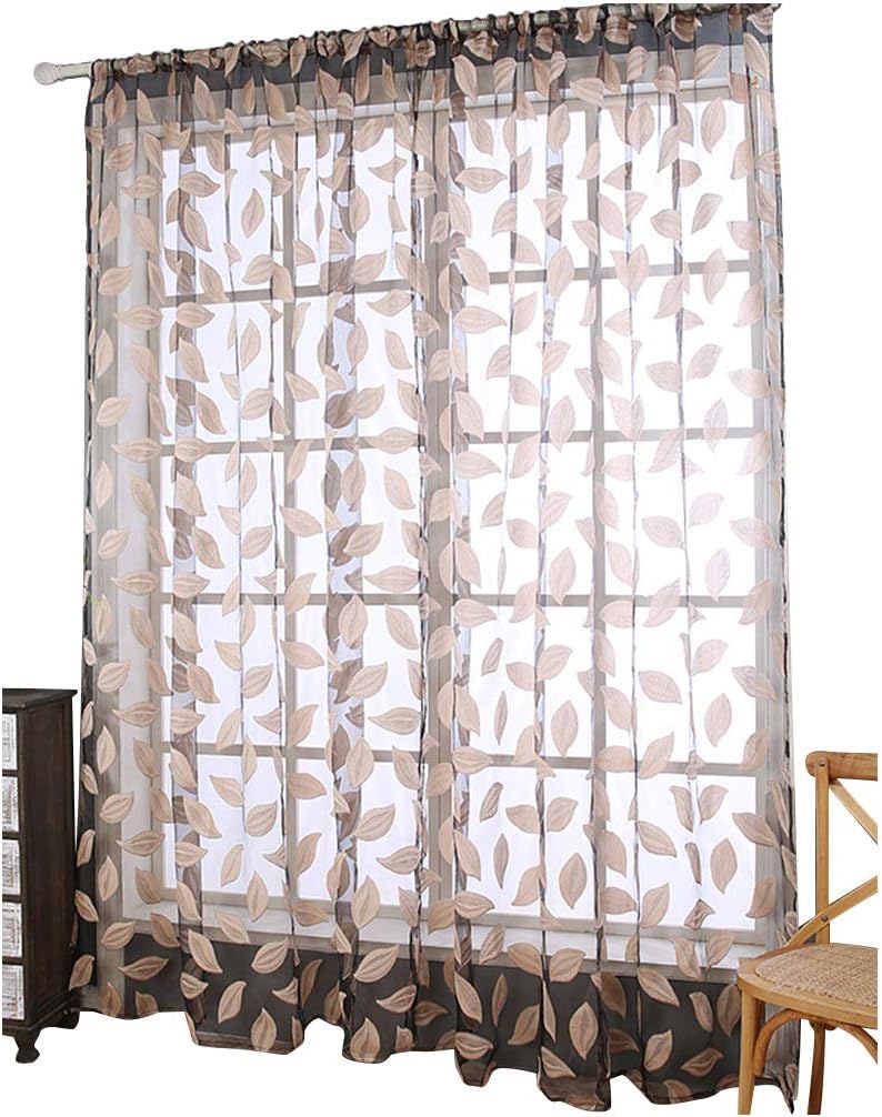 Sheer Curtains Rod Pocket Leaf Print Window Treatments Voile Drapes Voile Semi Semi for Living Room Doorway Balcony(1 Panel, W 52 x L 102 inch, Purple)
