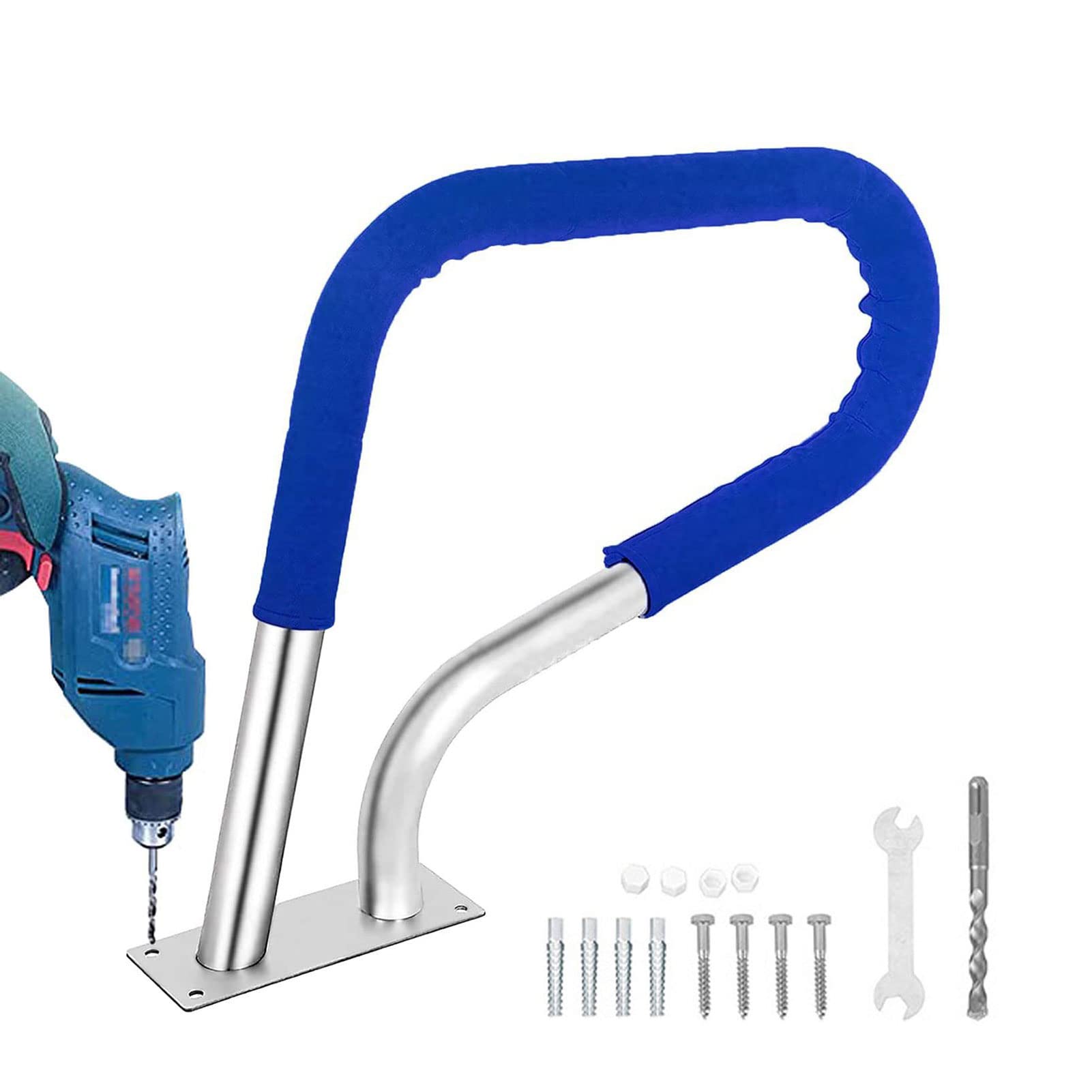 Main courante de piscine en acier inoxydable avec base et housse bleue