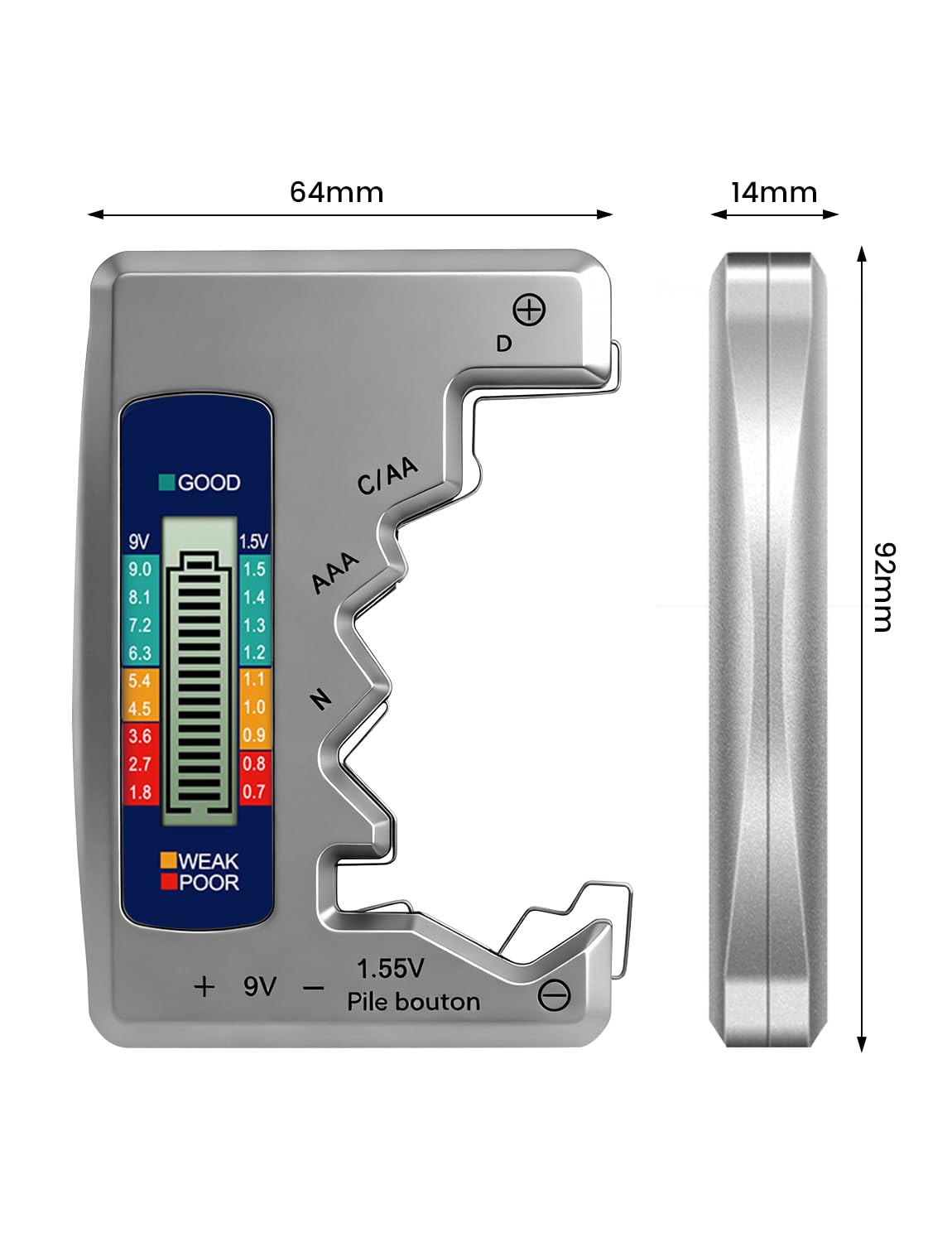 Testatore universale per batterie con display LCD AA AAA N C D 9V pile a bottone 1,55V mini pile