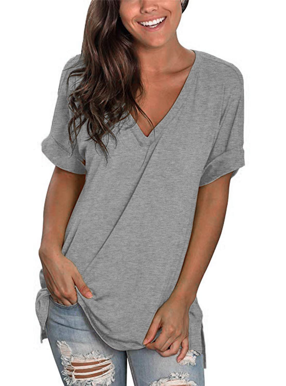 heekpek Blusas de Moda Verano Mujer Blusas y Camisas de Mujer Ropa Mujer Verano Tops Mujer Camisas OversizedColor Sólido V Neck Camisa Manga Corta Plus Size