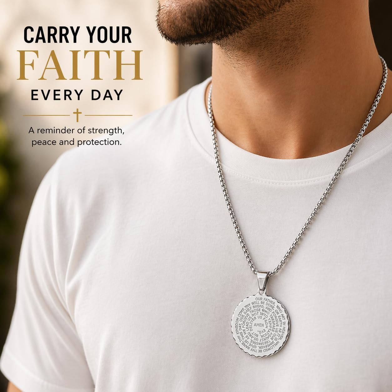 Steeltime Stainless Steel Lords Prayer Necklace with Simulated Diamonds