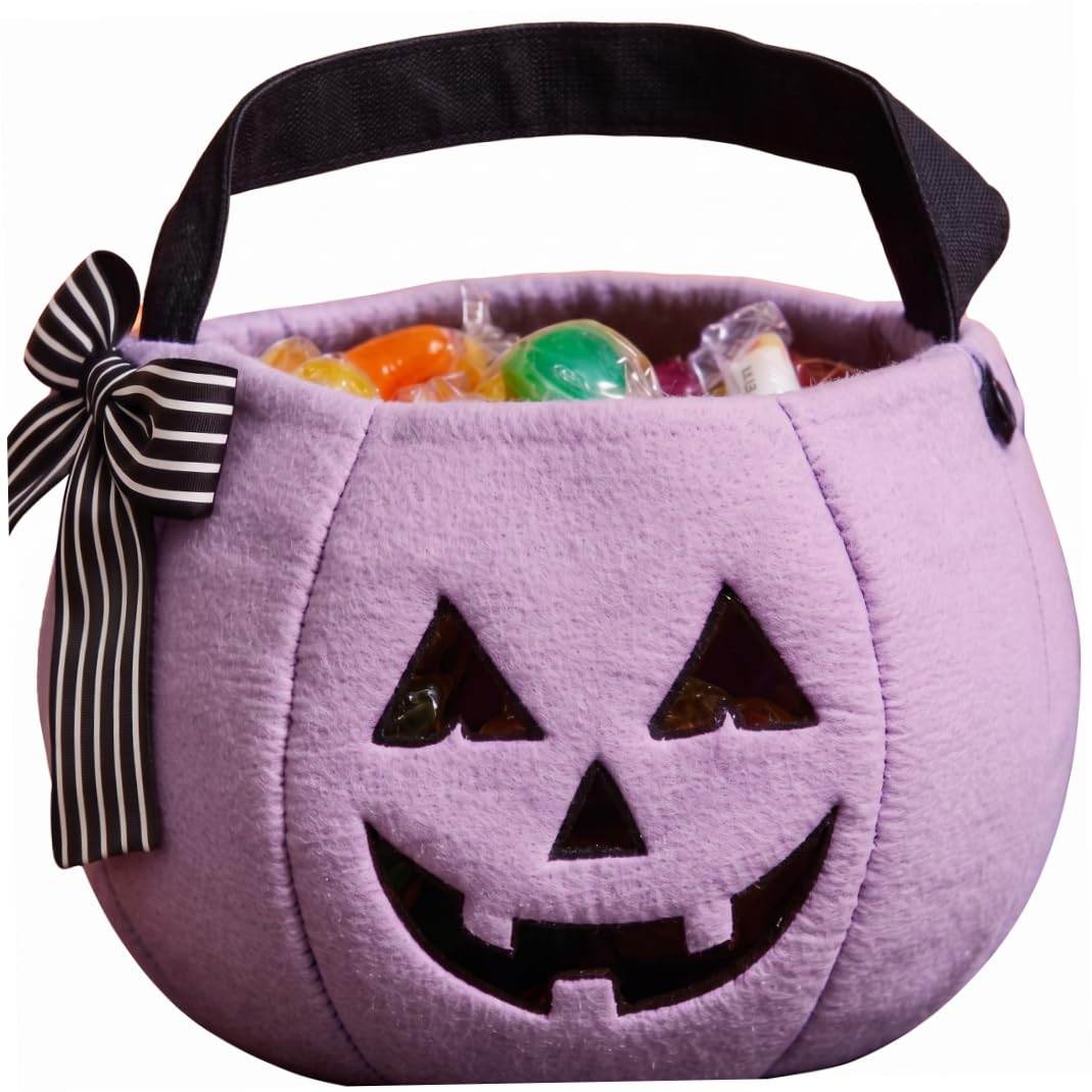 Halloween Bucket, Cute Pumpkin Design Trick Or Treat Basket With Embroidery & Stripe Bow For Kids Purple