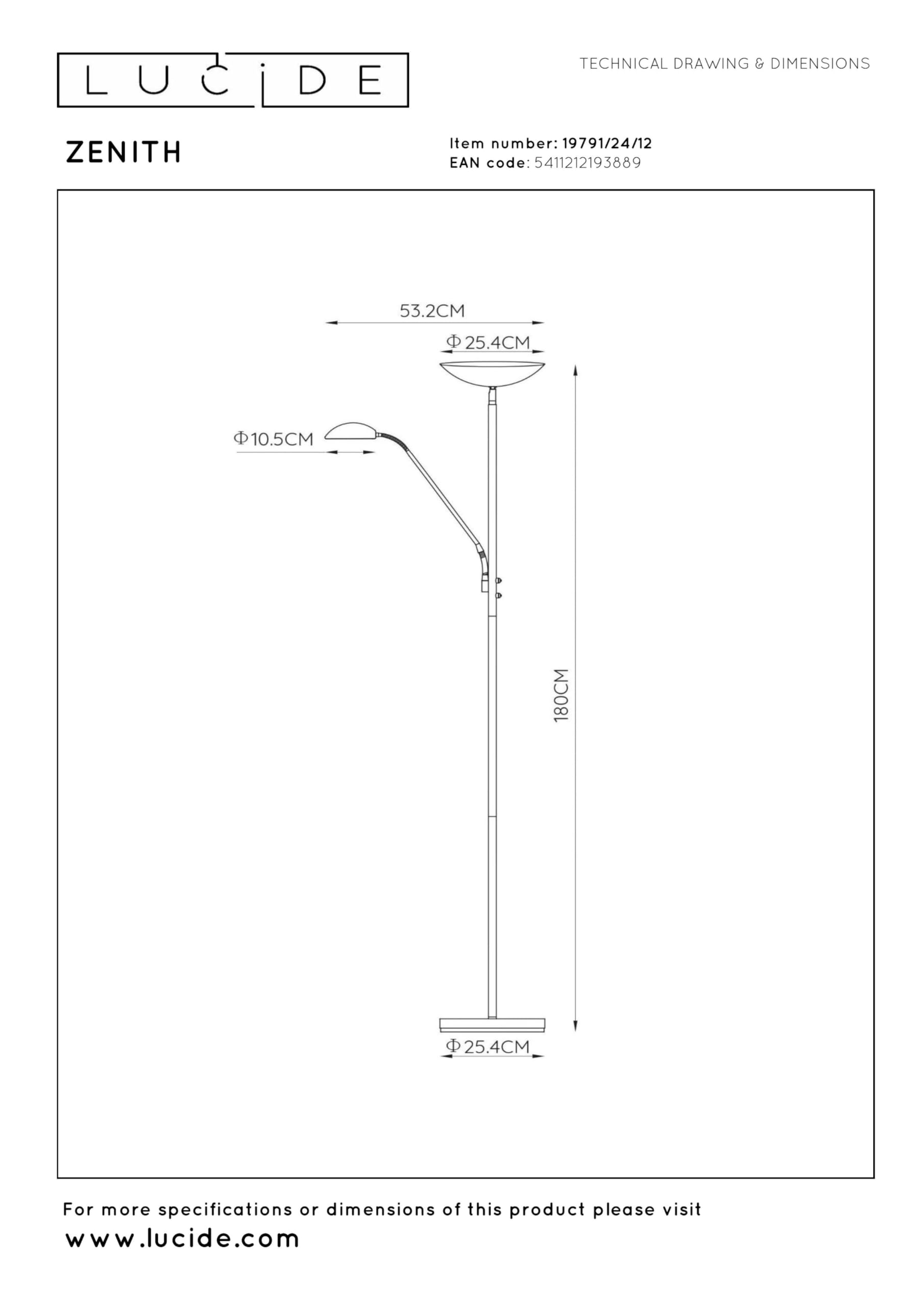 LUCIDE ZENITH - Stehlampe Mit Leselampe - LED Dim. - 3000K - Chrom Matt