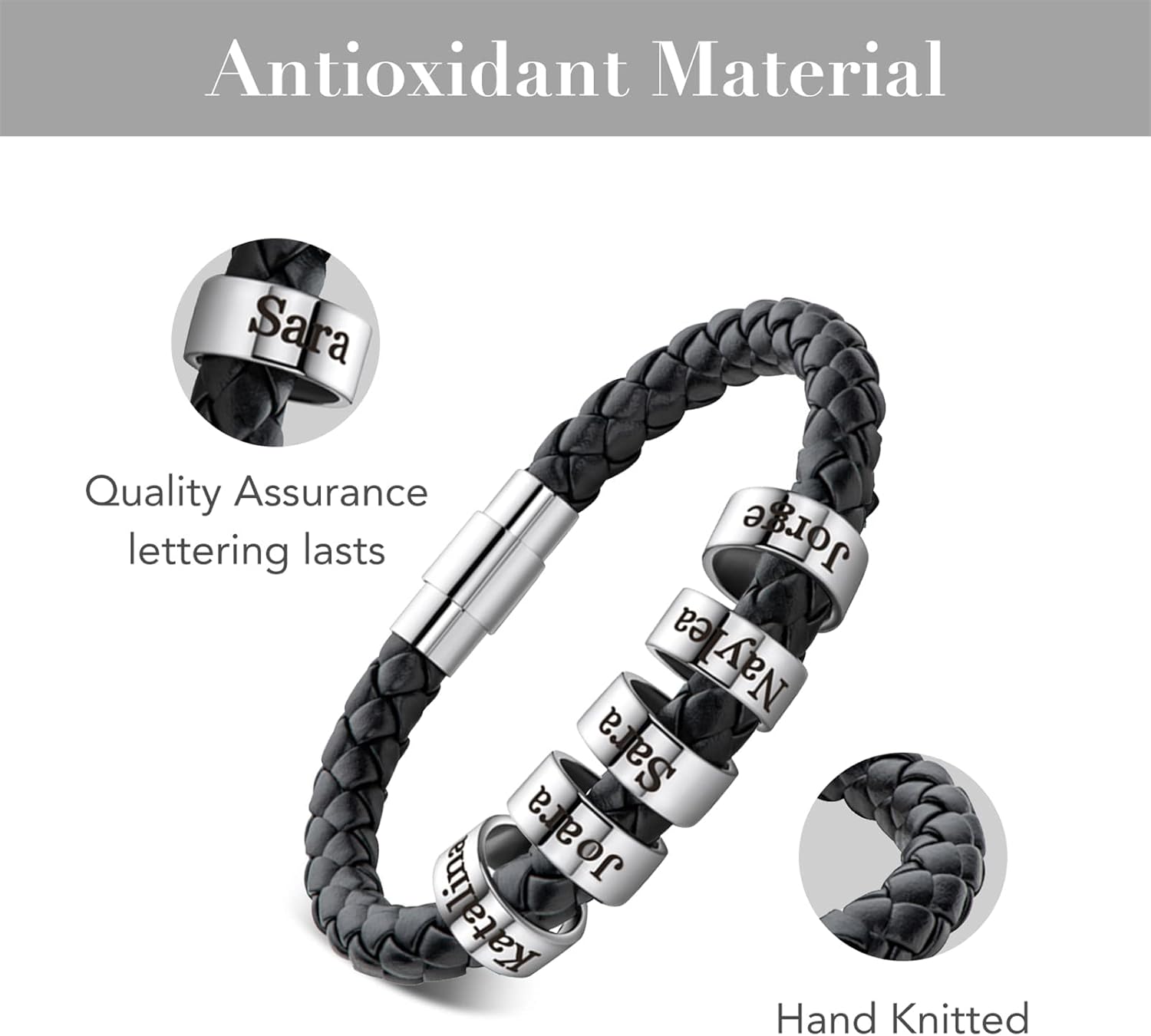 BAUMA AUTO Personalized Mens Black Leather Bracelets with 1-6 Engraved Name Beads Custom Braid Bracelet for Father's Day Dad