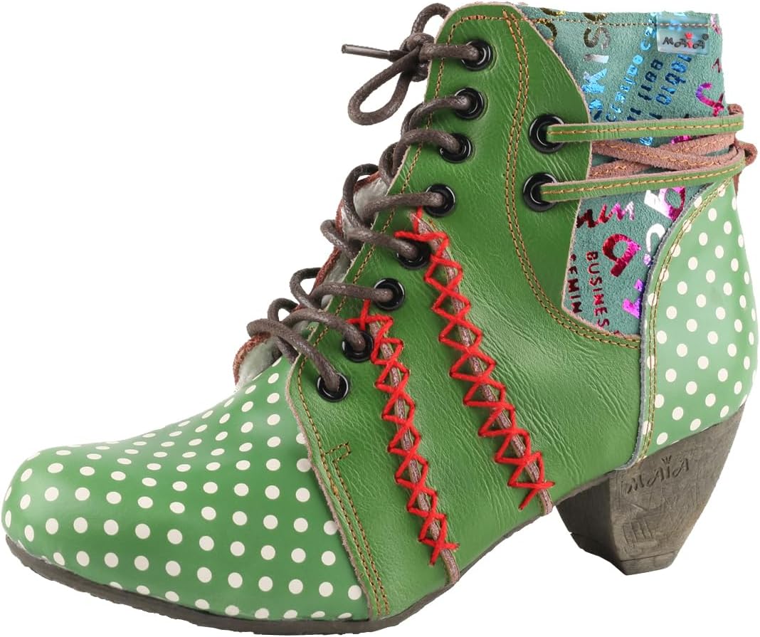 TMA EYES Women's Leather Ankle Boots with Low heel Polka dot pattern and Faux Fur Lining
