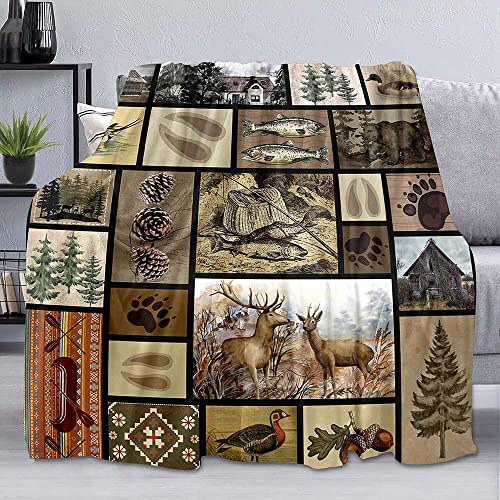 Coperta con cervi, patchwork con orso, alci, alci, animali del bosco, rustica, in stile rustico, coperta da caccia in stile rustico, morbida e leggera, in pile di flanella, per divano, 76,2 x 101,6 cm