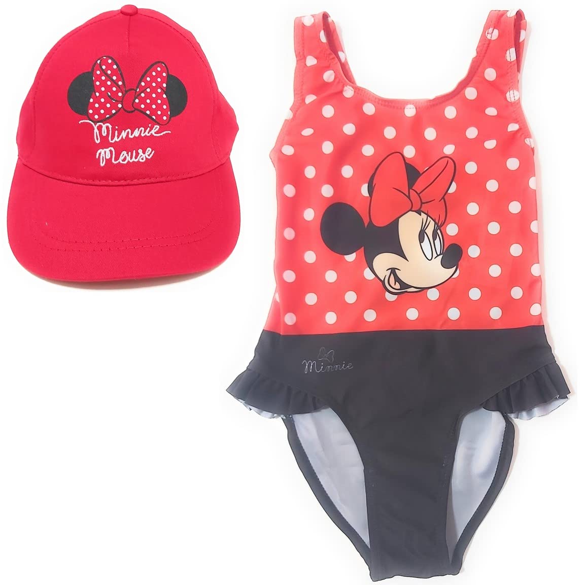 REQUETEGUAY Bañador Minnie Mouse Disney para Playa o Piscina + Gorra Disney para Niñas | Pack de Bañador con Volante y Gorra Minnie Mouse Disney Ajustable
