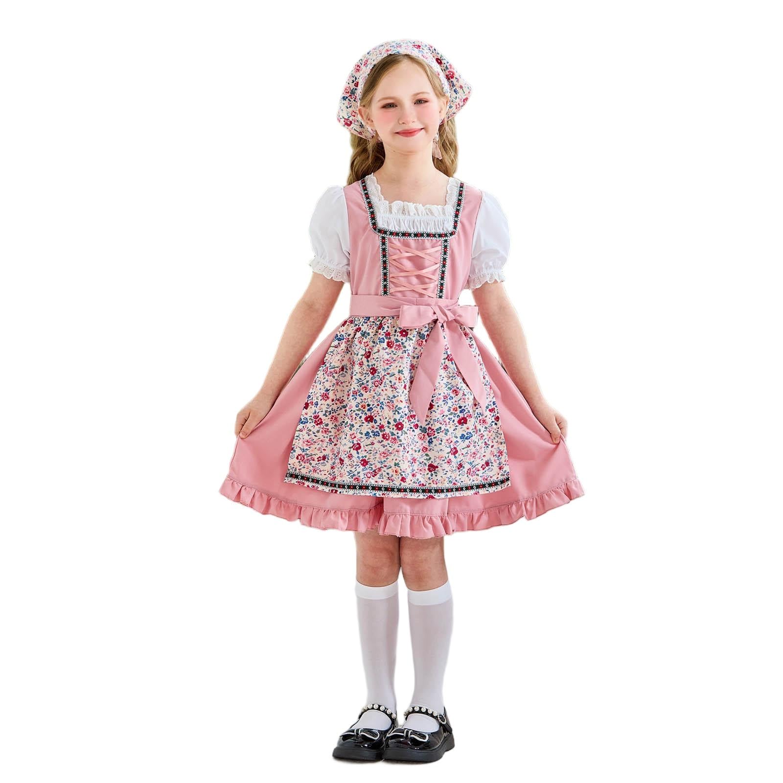 Slxbear Girls Dirndl Dress Kids Oktoberfest Costume Bavarian Beer Festival Dresses Traditional Printed Maid Apron Halloween Cosplay Outfits Retro Short Sleeve Flower Cute Maid Dress 9-10 Years Pink