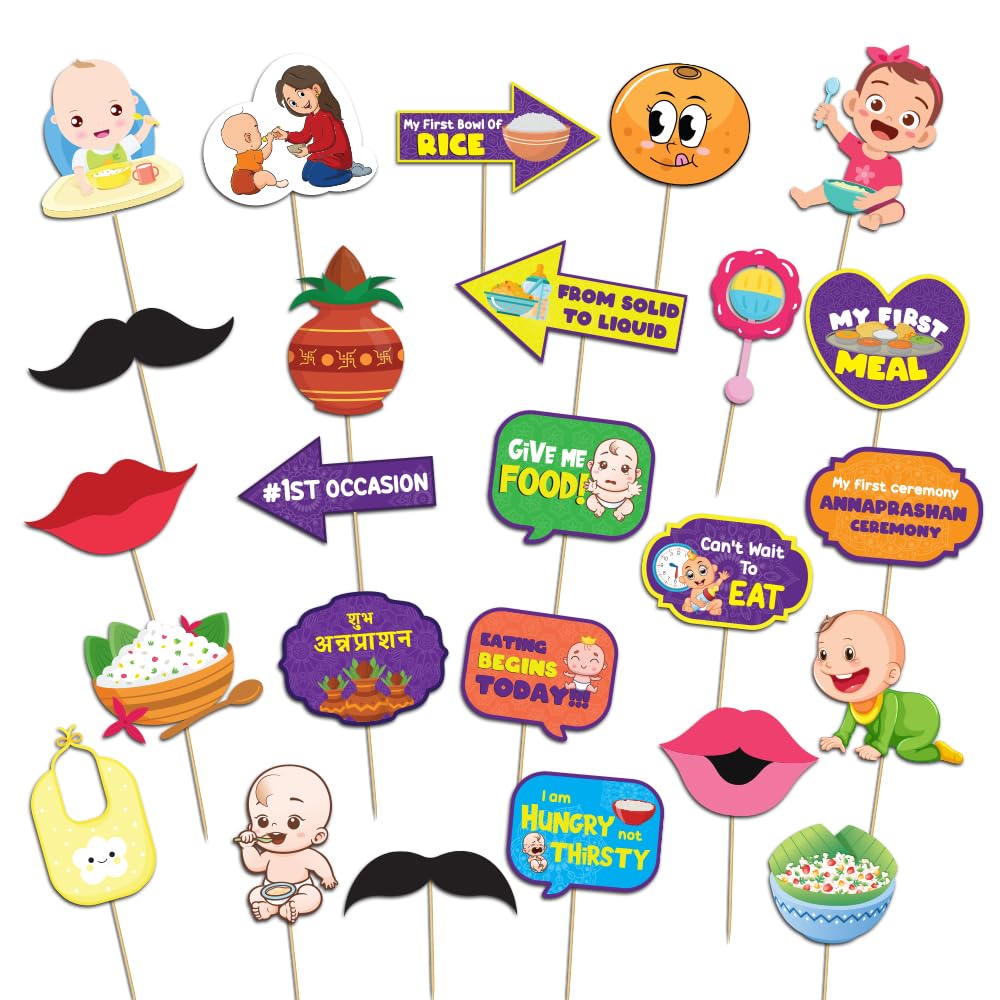 Festiko® Set of 25 Pcs Annaprashan Photobooth Props C, Baby Photoshoot Props for Annaprashan/Rice Ceremony, Annaprashan Decoration Items
