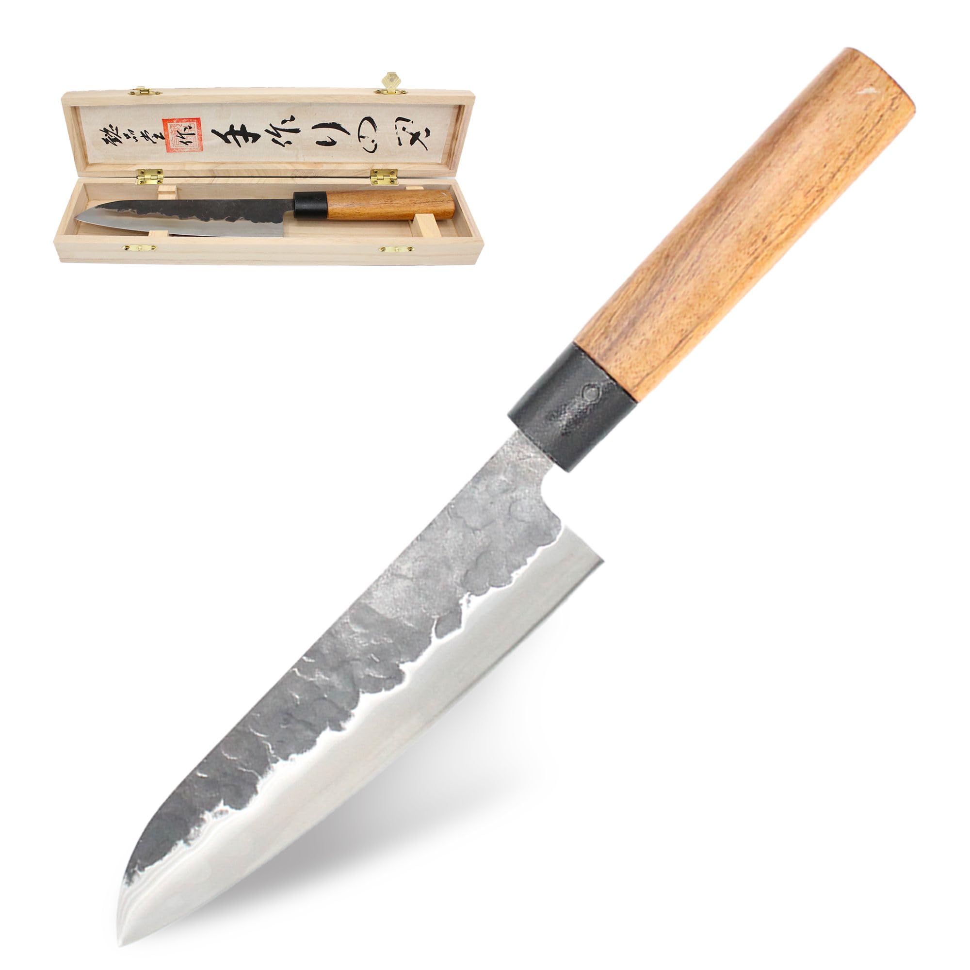 Fishtec Coltello da Cucina per Chef 18 cm - Coltello Giapponese lama acciaio martellato 2,5 mm Resistenza 58 HRC - Coltello Professionale multiuso - Manico di palissandro - Cofanetto regalo in legno