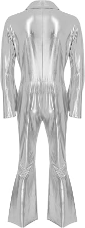 Men's Overalls Shiny Metallic Bell-Bottom Jumpsuit Long Sleeve Lapel Front Zipper Catsuit Clubwear