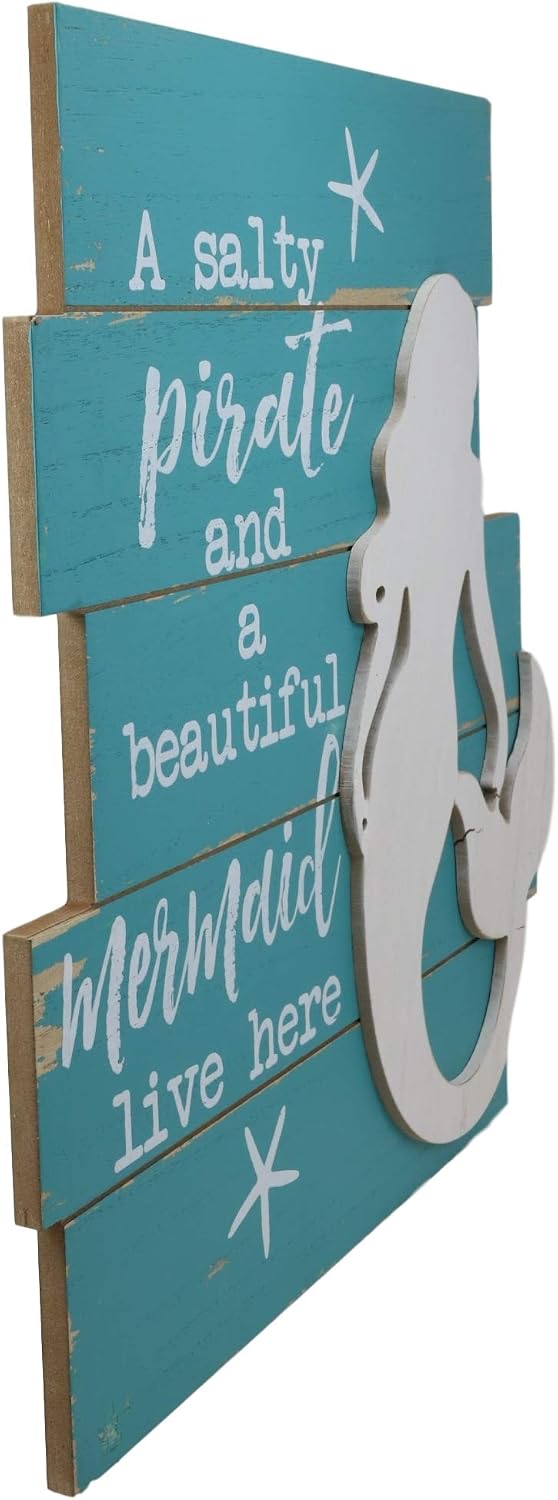 Ebros Vintage Nautical Surfing Mermaid With Starfishes Blue Wall Decor Sign A Salty Pirate And A Beautiful Mermaid Live Here Decorative Plaque 15.75"H Fantasy Coastal Beach Marine Nursery Kids
