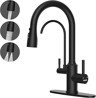 DAYONE Kitchen Faucet with Drinking Purfied Water Faucet Black, Stainless Steel 3 in 1 High Arc Sink Tap, 2-Handle 3-Way Pull Down Sprayer, (Without System)