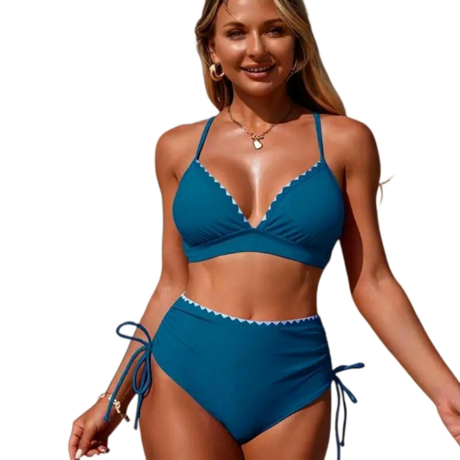 Traje de baño de dos piezas tipo bikini azul pavo real de remiendo para verano