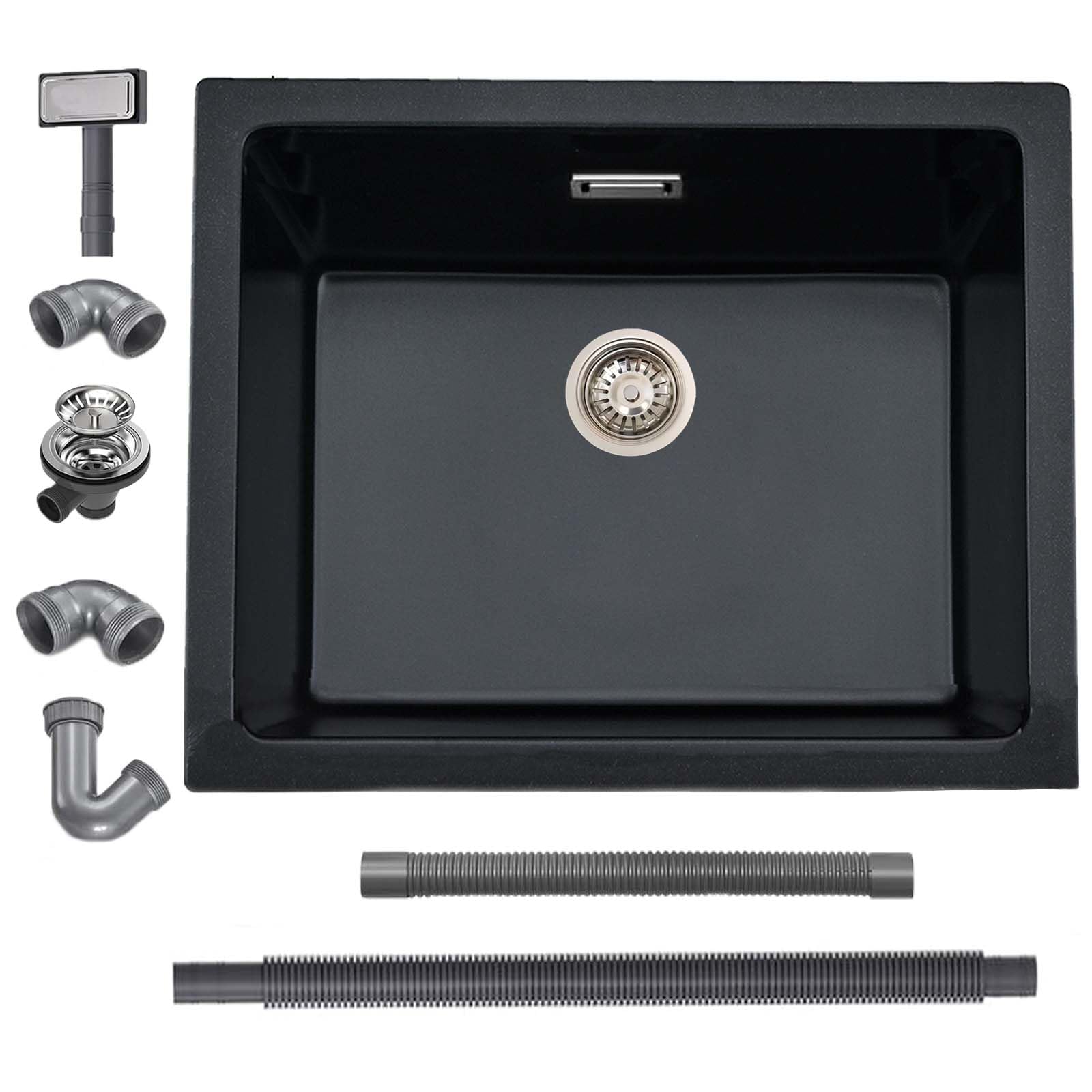 iAnomla Quartz Black Kitchen Sink, 50x45cm/20x18in, Composite Inset/Undermount Kitchen Small Sink Waste Kit,Single Bowl Commercial with Overflow, Suitable for Workstation