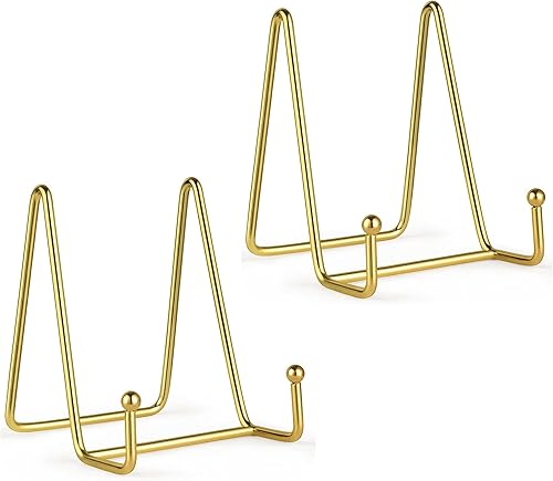 Paquete de 2 soportes de placa para exhibición, soporte de placa de caballete de hierro de 4 pulgadas, soporte de metal dorado para fotos, placa