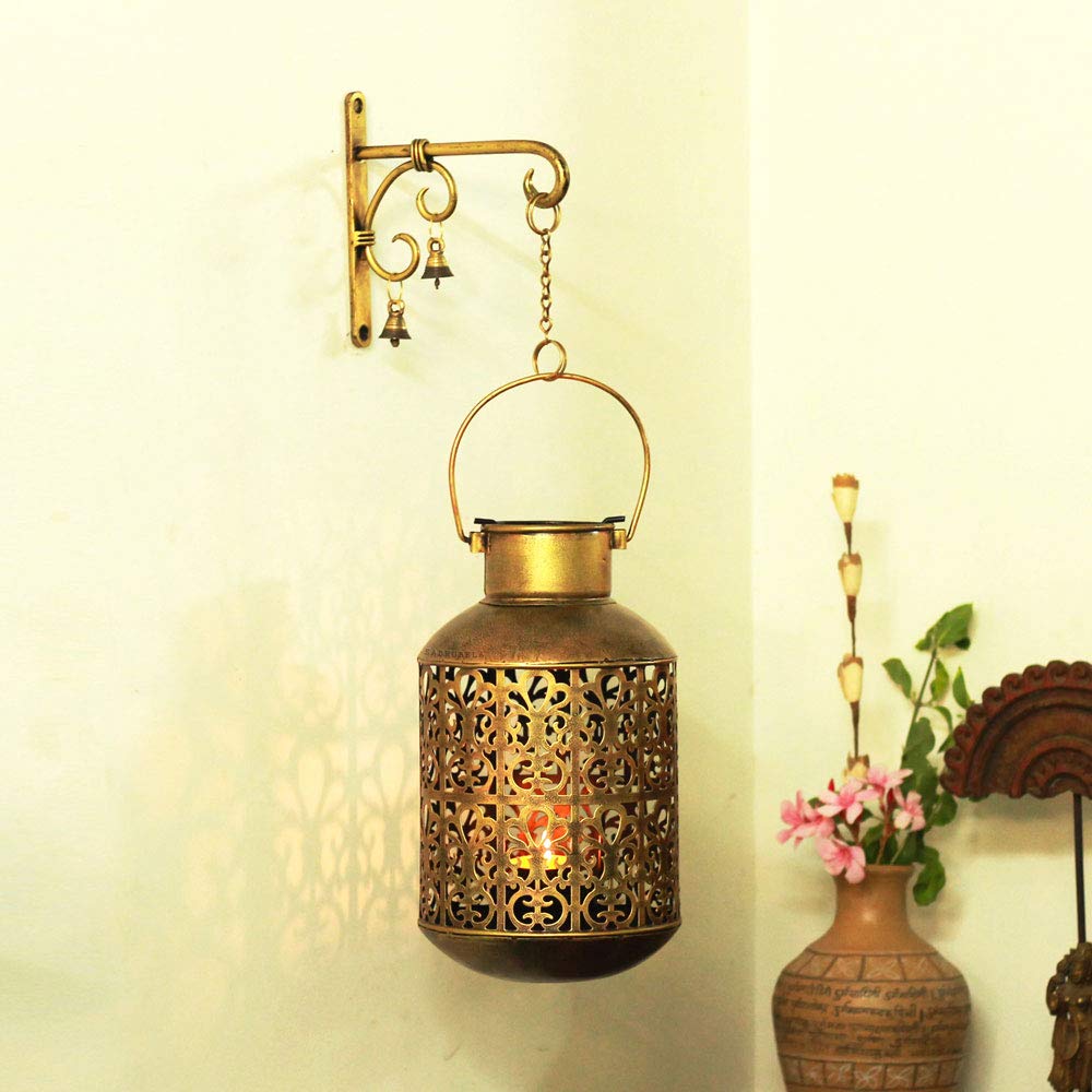 SADHUBELA Barmeri Pot with Wall Mount Hanger–Wall Décor Antique Golden Diya Candle Holder Lantern - Cylindrical Masterpiece Blending Traditional Artistry with Modern Charm