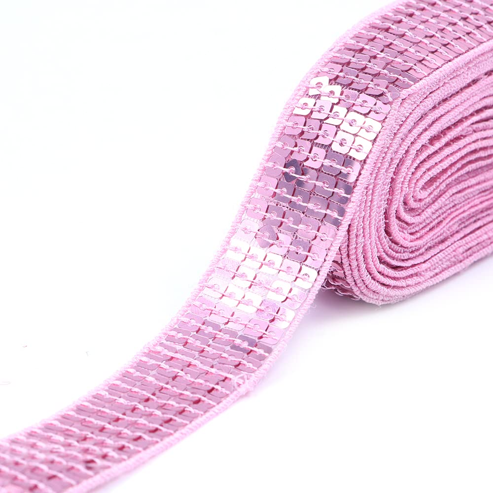 Cenpek Pink 20 Yards Elastic Sequin Flat Glitter Bling Paillette Fabric Ribbon Applique Trim Lace Band For Dress Embellish Headband, 25Mm Wide,