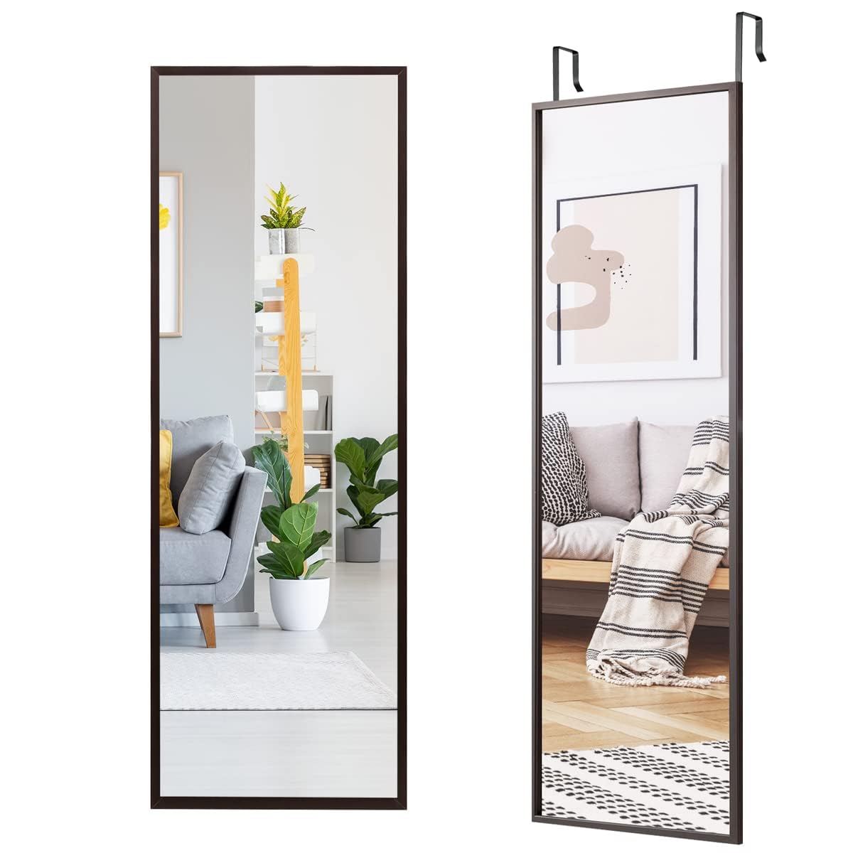 RELAX4LIFE Espejo Pared con Marco de Metal, Espejo Pared Cuerpo Entero con Gancho Ajustable de 3 Niveles, Espejo Decorativo de Pared para Pasillo, Dormitorio y Salón, 36,5x107cm (Marrón)