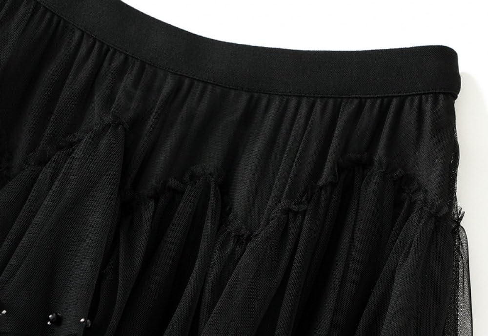 Damen-Tüllrock, Luxuriöser Perlen-Stufen-Midirock, Schwarz, Geschichteter, Plissierter Netzrock, Elastischer A-Linien-Rock Mit Hoher Taille, Modischer Party-Langrock Für Damen Und Mädchen