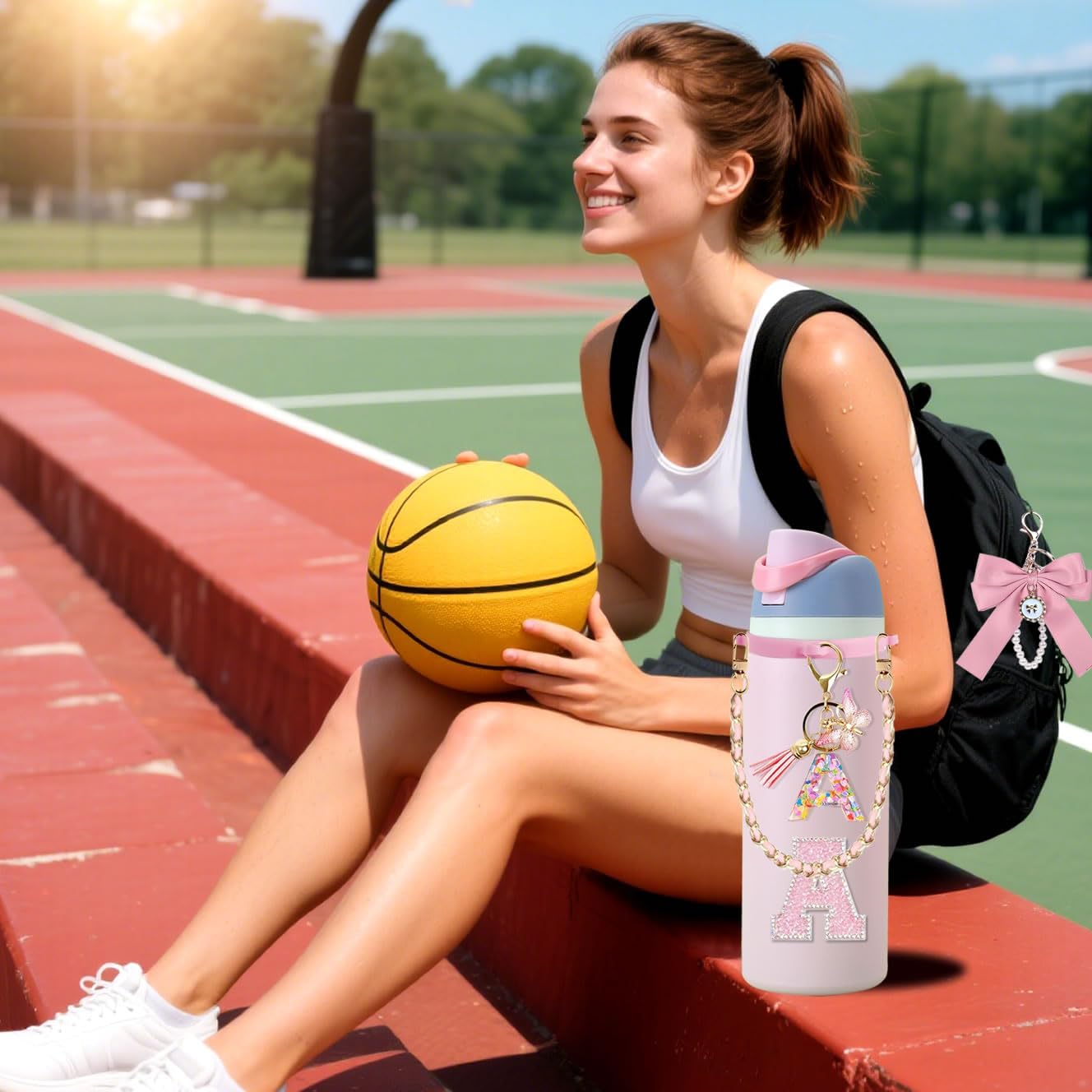 6Pcs Letter Accessories for Owala Water Bottle 24oz 32oz 40oz, with Cute Initial Charm and Handle Strap, Compatible with Owala Free Sip, Kids Bottle,Stanley Cup Accessories