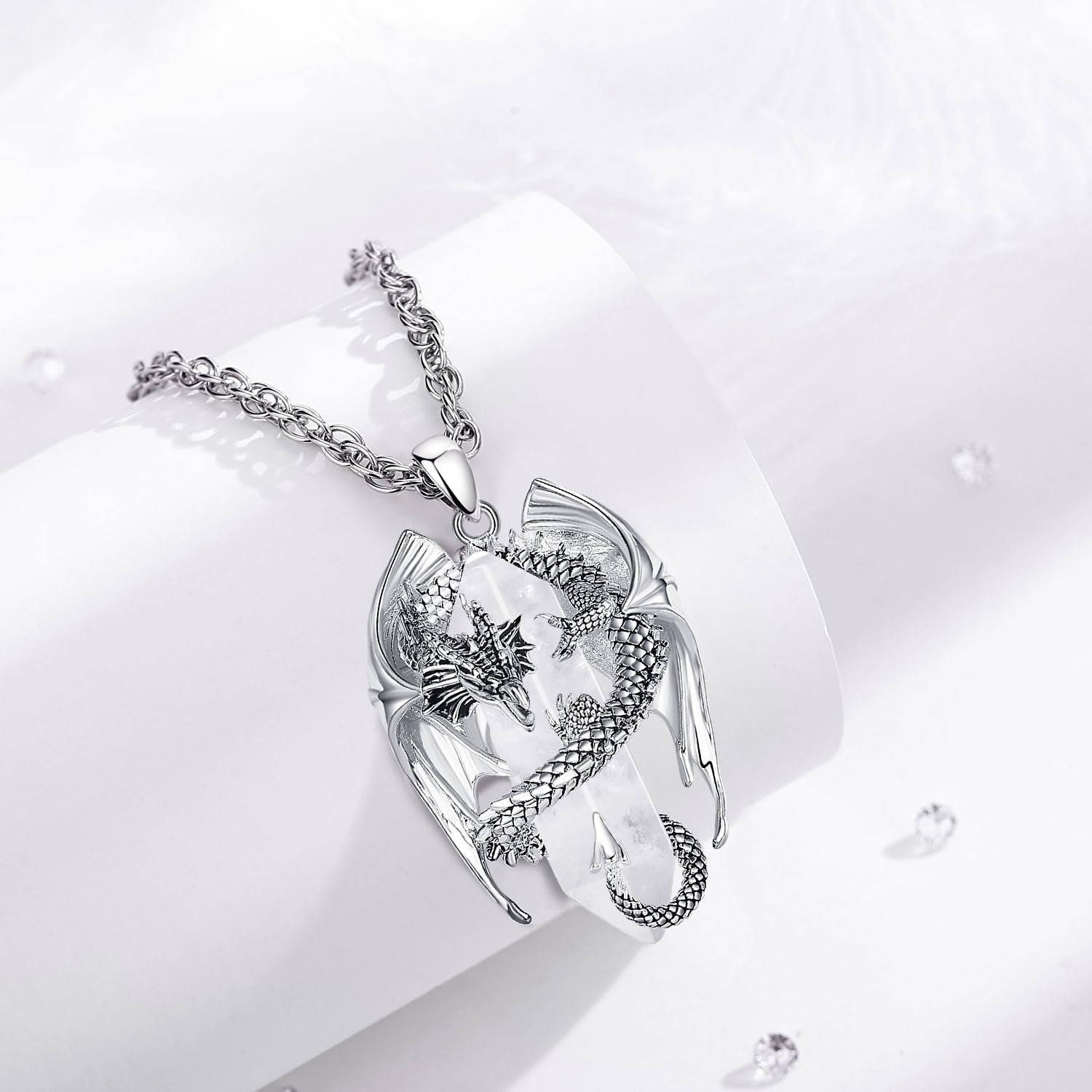 INFUSEU Kristall Drachen Kette, Nordischer Drache Gewickelter Zylinder Edelstein Anhänger Gothic Naturkristall-Schmuck