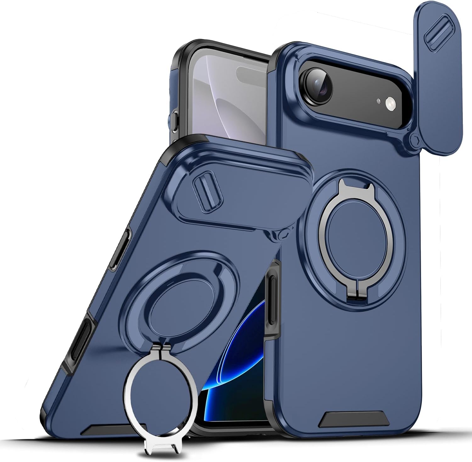 Compatible with iPhone 17 Air Case with Magnetic Camera Slide Cover Black，Phone Case for iPhone 17 Air Shockproof and Adjustable Kickstand Slim Protective Cover (Blue)