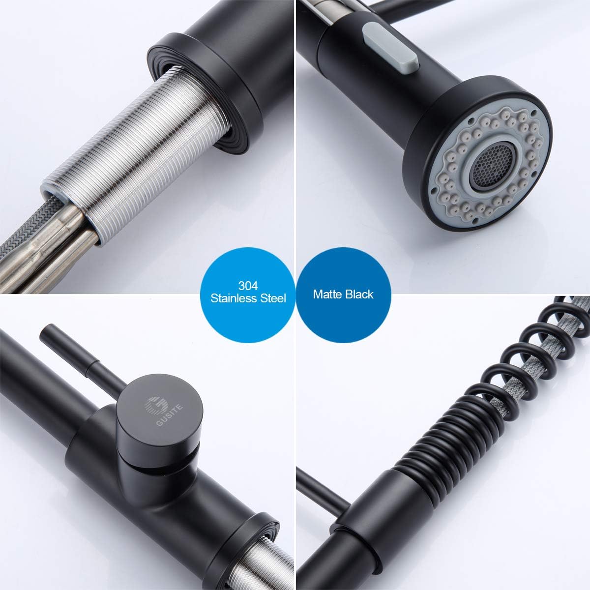 New Arrivals GUSITE Spring Kitchen Sink Faucet with Pull Down Sprayer, Commercial High Arc Single Handle Stainless Steel Pull Out Kitchen Faucet with Deck Plate, Matte Black