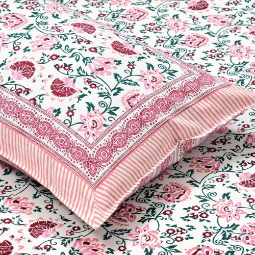 Image of ElanorHomes 240 TC Cotton Double King Size Bedsheet | Ultra-Soft & Skin-Safe | Breathable Summer Comfort | 93x108 inches with 2 Pillow Covers (Pink Shalimar Jaal)