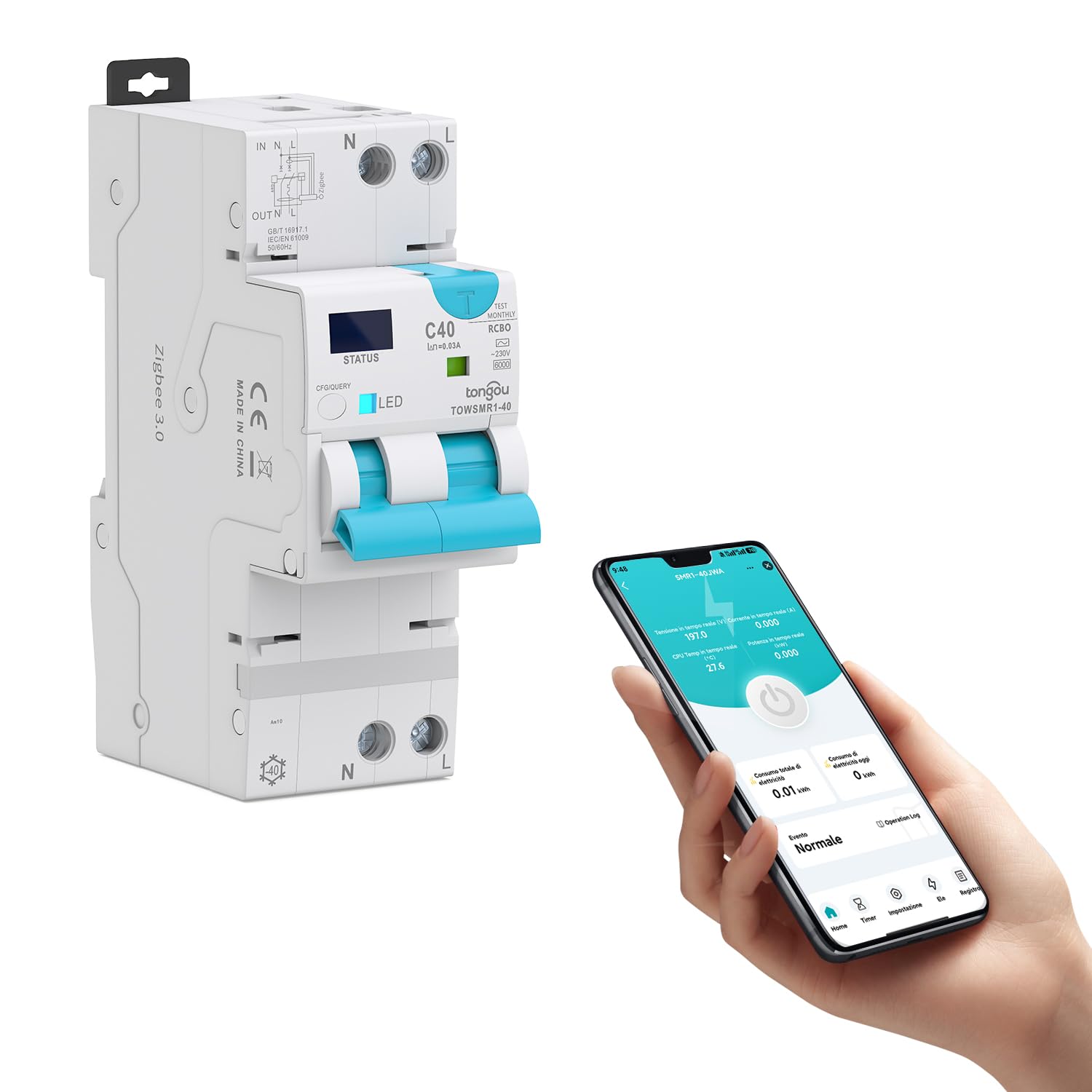 TONGOU 40A Interruptor de corriente residual Smart TUYA ZIGBEE, tipo AC, curva C, 1P+N, restablecimiento automático, contador de energía acoplado con diferencial 30-100 mA |