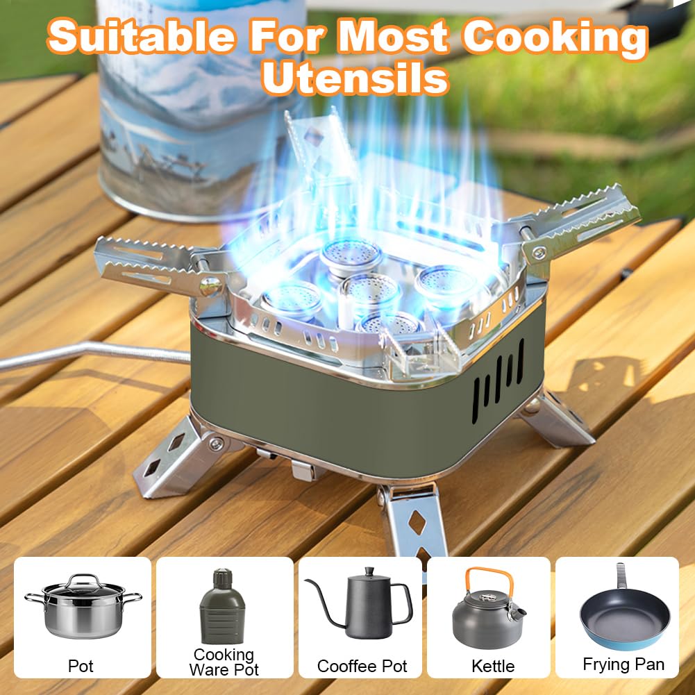 Adiwo 15800w Fornello da Campeggio, Pieghevole Gas Camping Stove Migliorato con 5 Bruciatori, Accensione Piezoelettrica e Borsa Portaoggetti, Mini Stufa da Campeggio Antivento(Verde Militare)