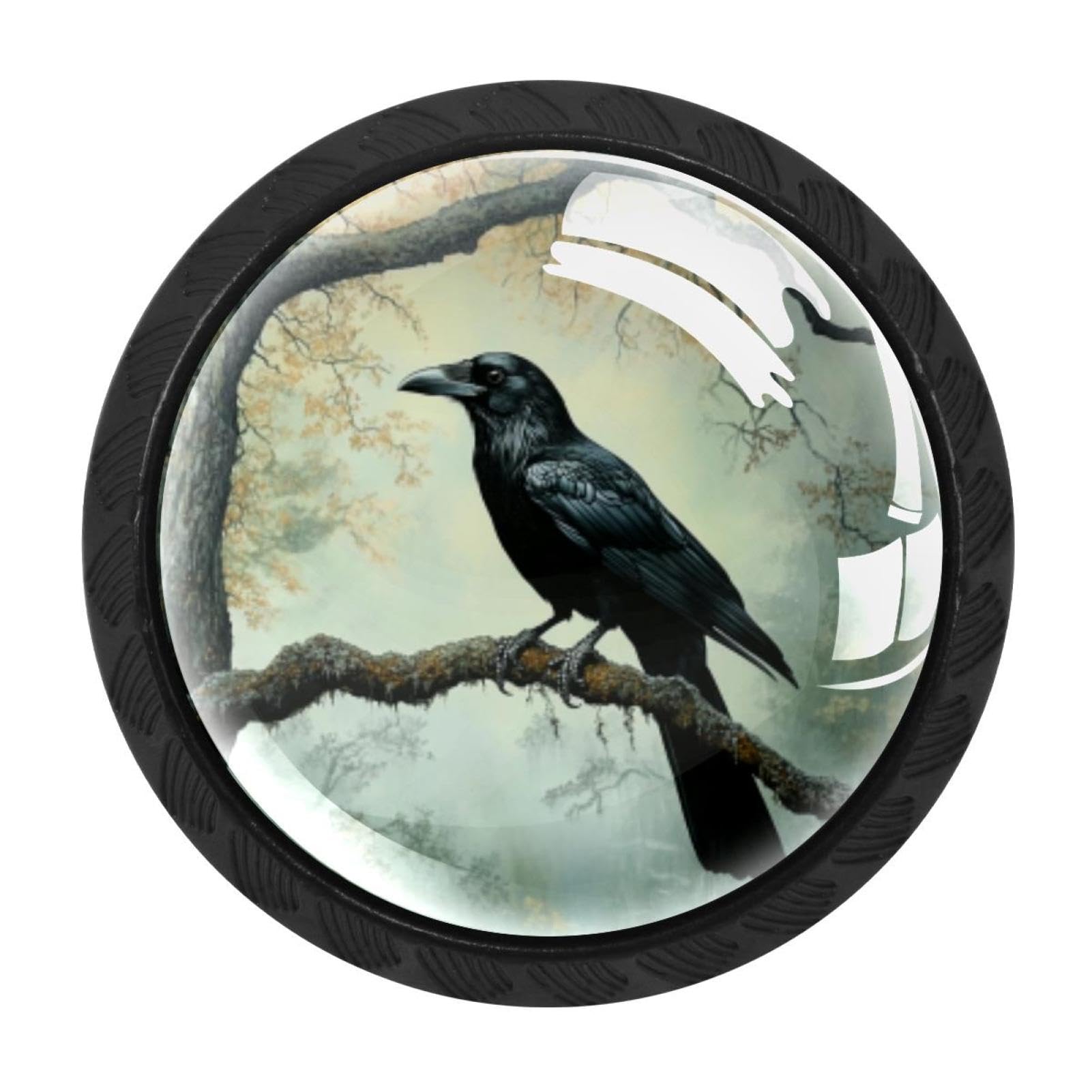 CHENZZZZ 4 Pack Black Cabinet Pulls_Black Crow Sitting on Branch of Oak TRE (2) Kitchen Cabinet Handles for Bathroom Drawer Pulls Dresser Knobs