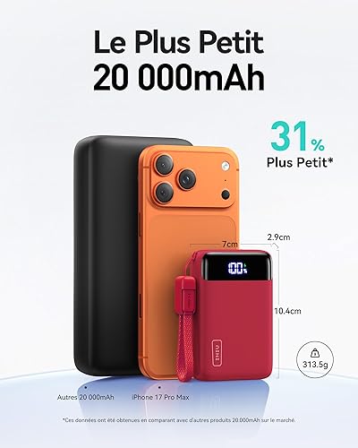 INIU Batterie Externe, 22.5W 20000mAh Compacte Power Bank, Charge Rapide Powerbank Compatible avec iPhone Samsung Xiaomi Huawei iPad, Travel Camping Randonnée Essentials pour Hommes et Femmes, Rouge - 2