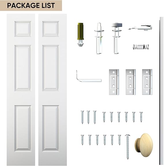 JUBEST Bifold Doors, 6 Panel Primed Bifold Closet Doors for 30x80 Door Opening, Modern White Hollow Core Bi-Fold Door Slab with Hardware Kit & Knob, Widely Used, Primed