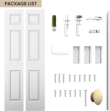 JUBEST Bifold Doors, 6 Panel Primed Bifold Closet Doors for 30x80 Door Opening, Modern White Hollow Core Bi-Fold Door Slab with Hardware Kit & Knob, Widely Used, Primed