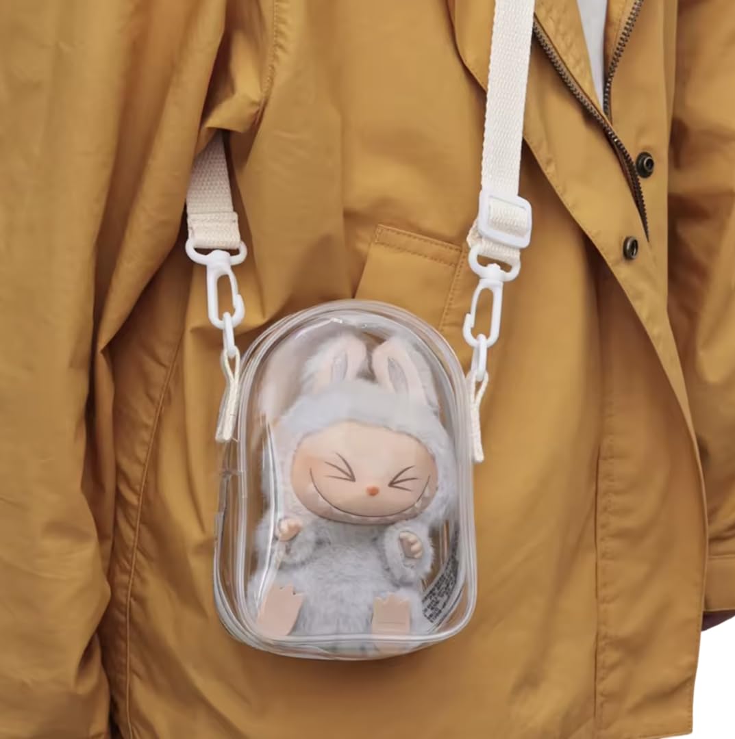 Protector Case for plush doll 15/17 cm Cotton Doll Shoulder Plain Bag PVC Storage Bag doll carrier Bag Dustproof (no doll) (white)