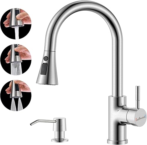 APPASO Grifo de cocina con dispensador de jabón, grifo de cocina de níquel cepillado con rociador desplegable (3 modos), acero inoxidable 304 de