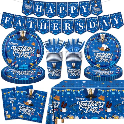 Fathers Day Decorations-142pcs Happy Father Day Tableware Set Include Disposable Plates Napkins Forks for Best Dad Party Dinner Decorations, Serve 20 Guests (Whole Set)
