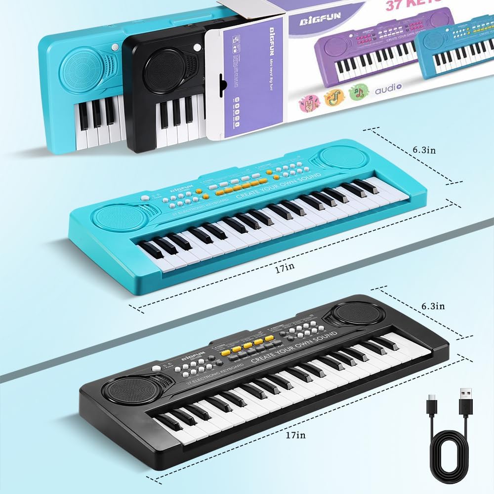 Keyboard Piano for Kids, BIGFUN 37 Keys Toddler Piano Multifunction Music Educational Instrument Toy, Electronic Kids Keyboard Set for 3-7 Year Old Girls and Boys (2PCS, Black + Blue)